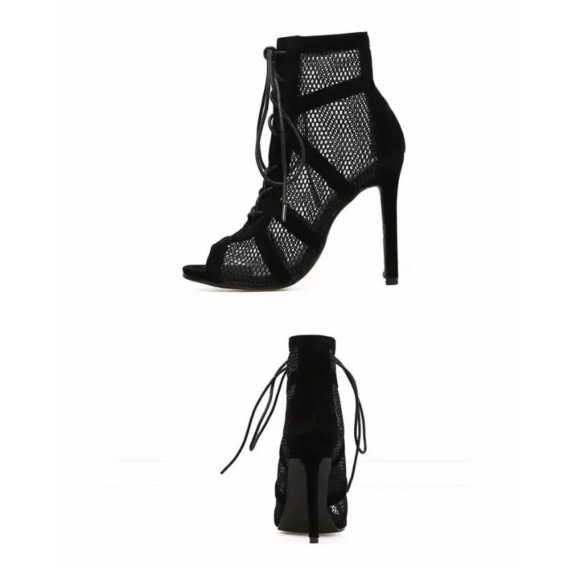 Black Net Fabric High Heel Sandals