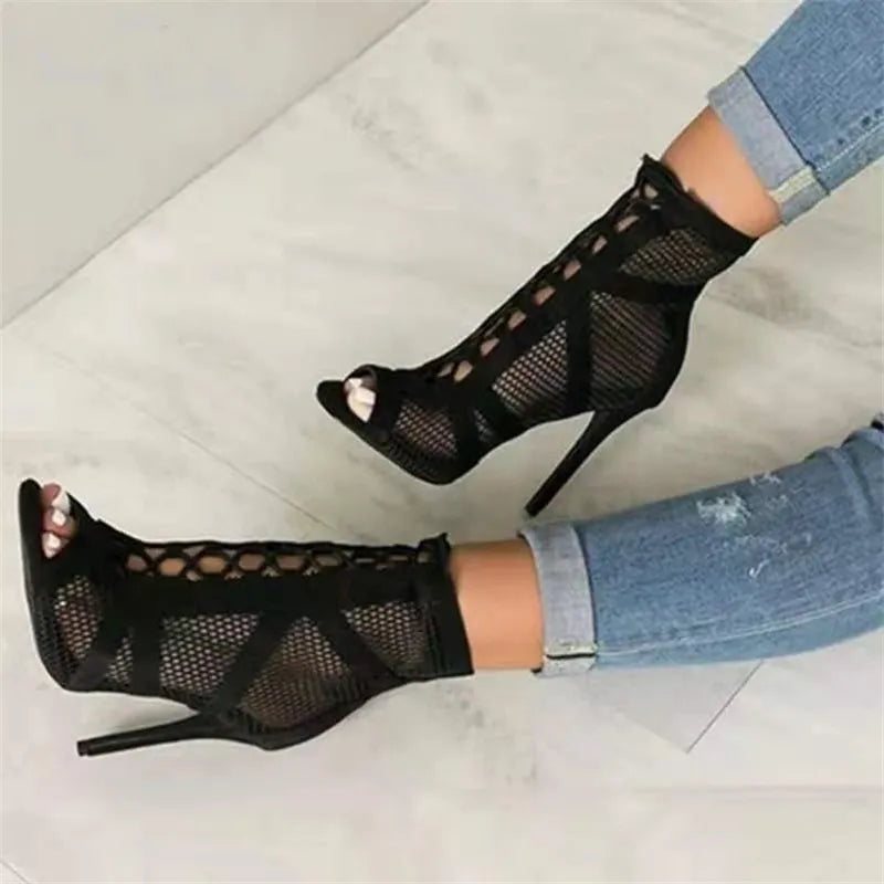 Black Net Fabric High Heel Sandals