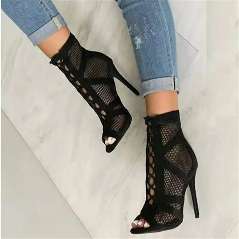 Black Net Fabric High Heel Sandals